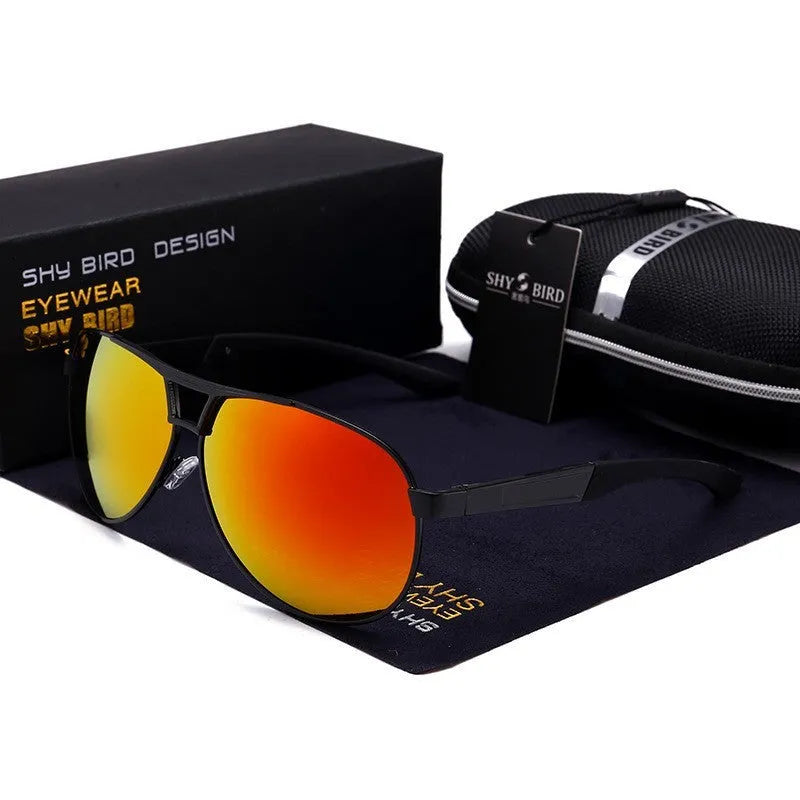 Men's orange red polarised aviator sunglasses with a metal frame