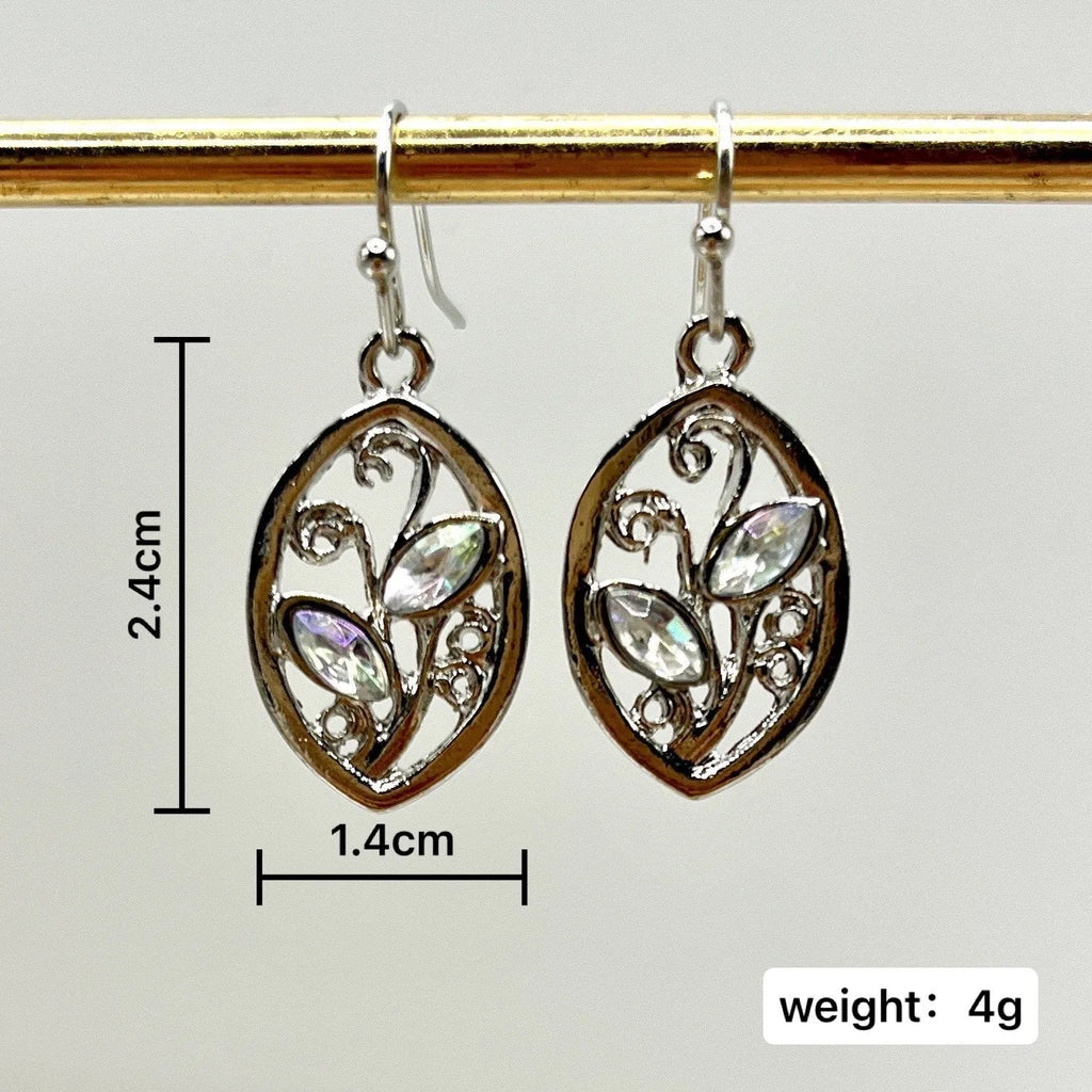 Silver leaf-shaped women's earrings with embedded colourful moonstones