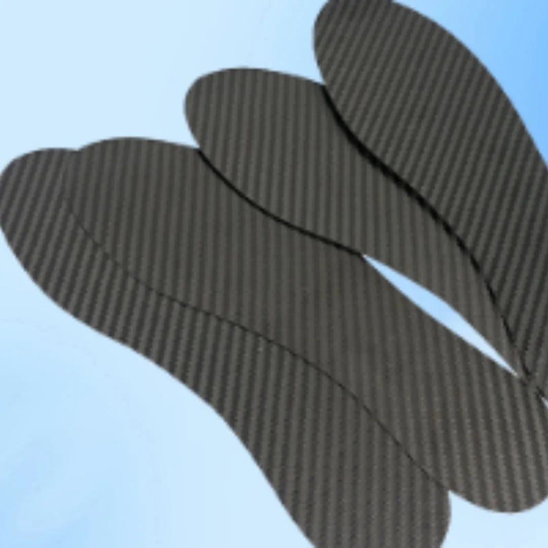 Black 3K carbon fibre running insoles showing full palm design with size and thickness options