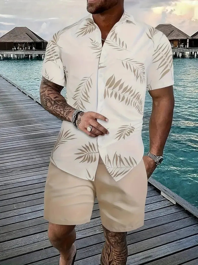Man wearing a blue Hawaiian 3D printed short sleeve top and matching shorts leisure suit set.