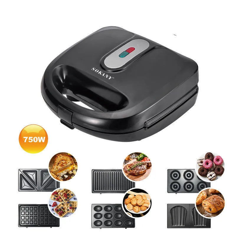 Black double-sided electric sandwich pan with brushed stainless steel lid and non-stick plates.