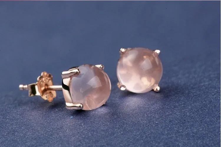 Rose gold Korean style stud earrings with synthetic Ross quartz and crystal inlay in drop shape