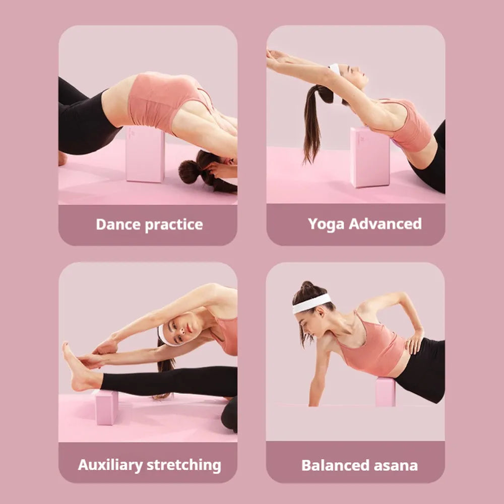 Solid colour high-density EVA foam yoga block with ridged sides on a gym mat