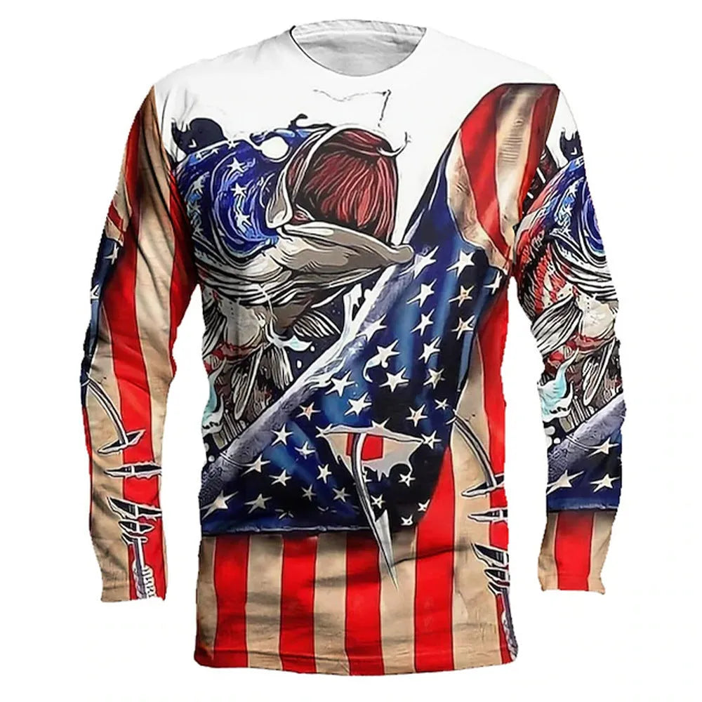 Men's grey round neck long sleeve pullover with a large colourful fish graphic print on the front.
