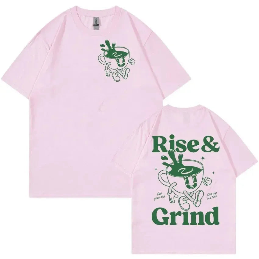 Cartoon Rise and Grind Green Coffee print on a loose-fit linen blend T-shirt.