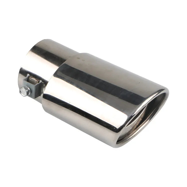 Stainless steel car exhaust tail pipe tip in baked blue finish, showing straight and curved shape options.
