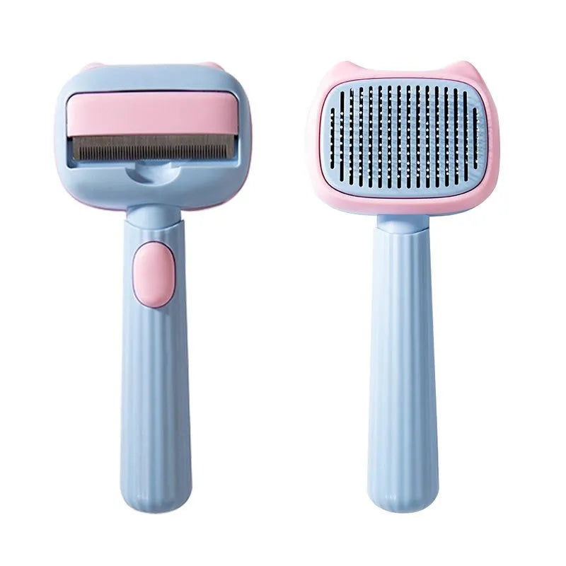 Blue and green double-sided pet grooming brush with deshedding rake and dematting comb on a white background
