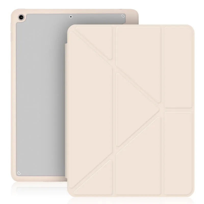 iPad protective case with Y-folding bracket design showing pen storage slot and imitation leather finish