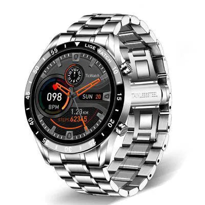 Smart watch with stainless steel band and 1.3 inch screen showing step counter interface