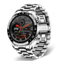 Smart watch with stainless steel band and 1.3 inch screen showing step counter interface