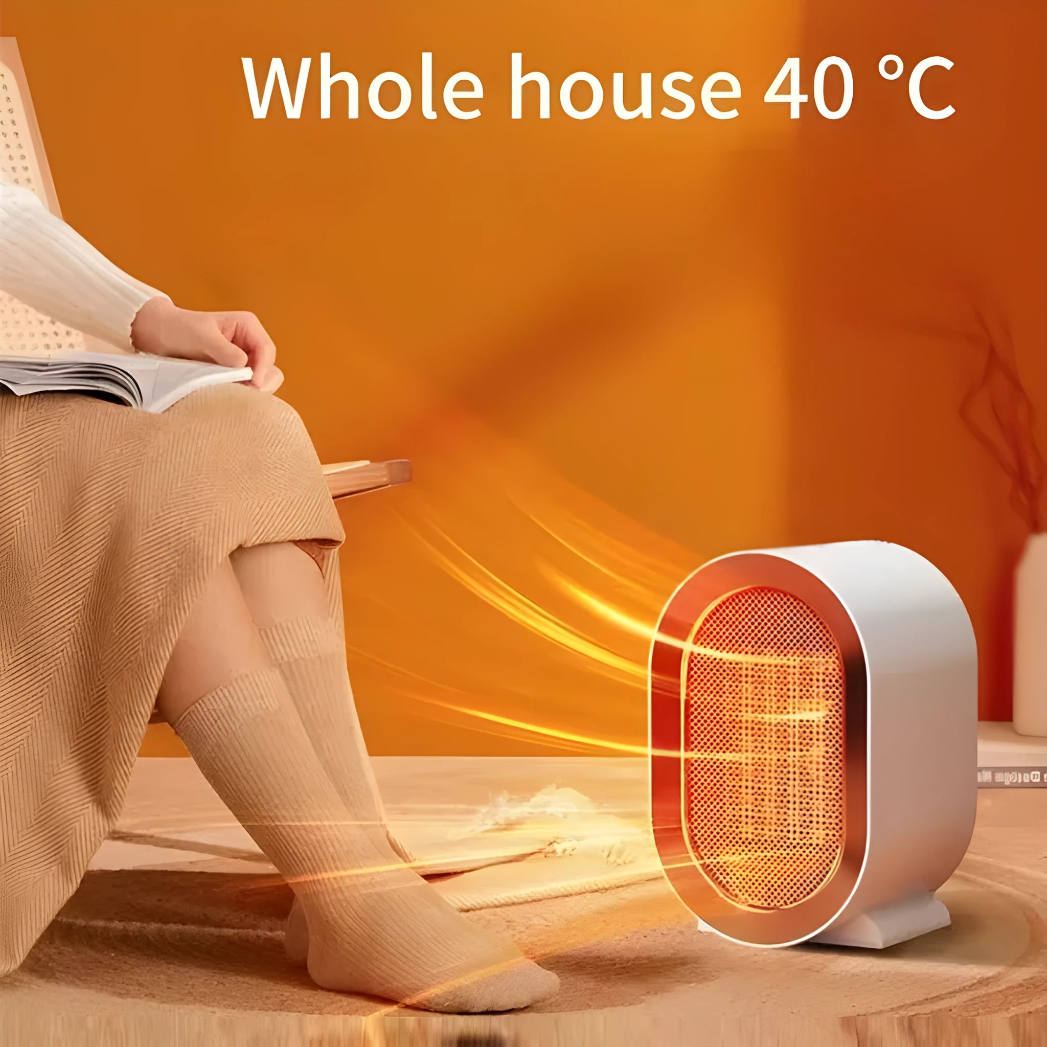 Desktop ceramic fan heater in black with mechanical control knobs and a front grille.