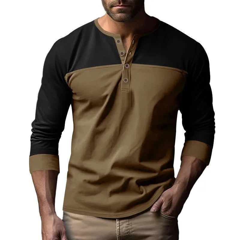Men's long-sleeve Henley collar casual shirt in beaded twill polyester fabric