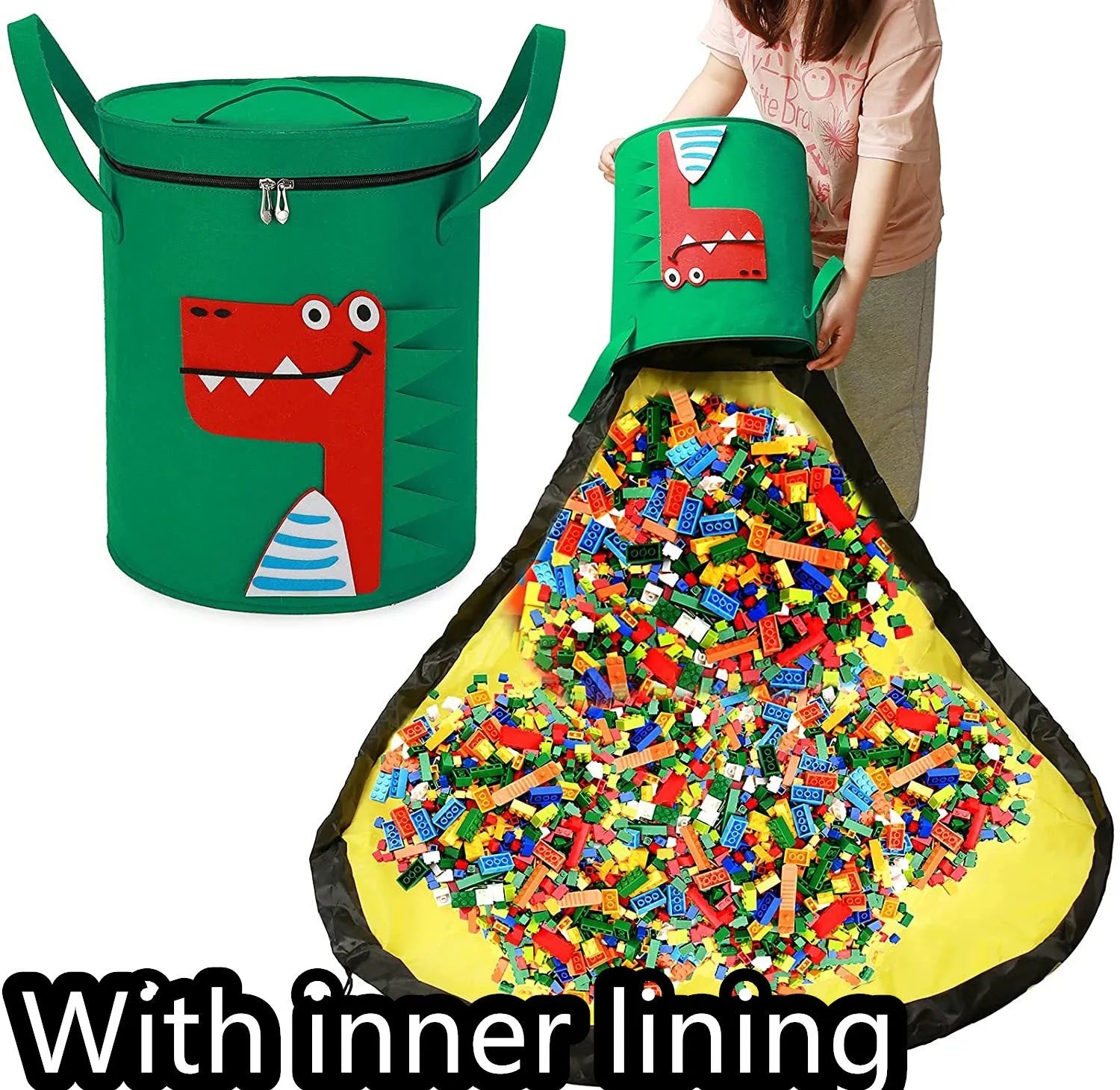 Green felt cube storage bag with pull rope serving as toy organiser and play mat