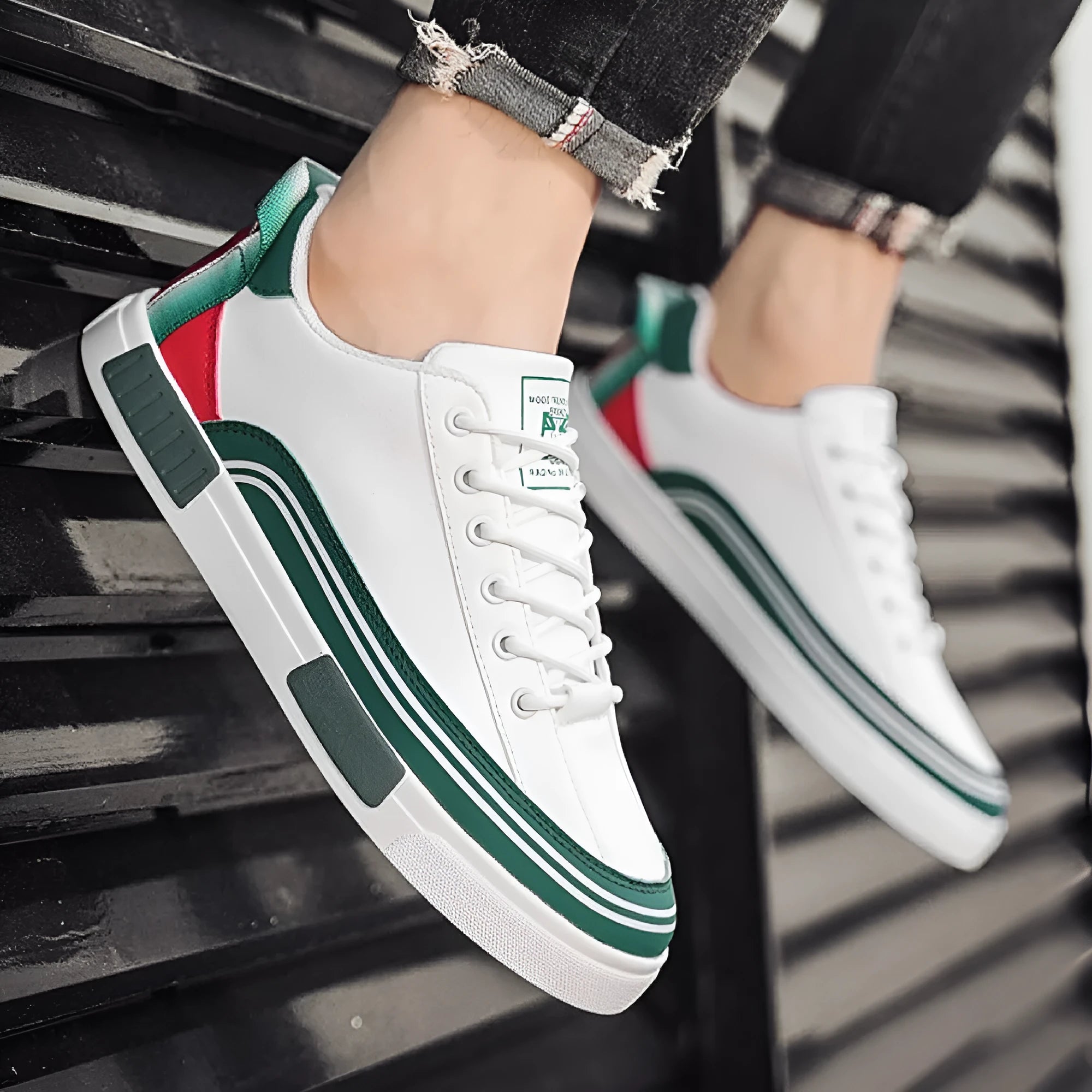 Men's beige, white and green canvas casual shoes with section mesh detail and round toe
