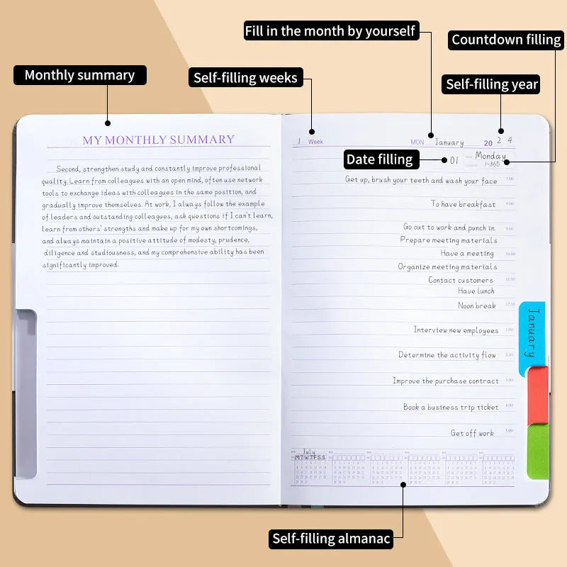 Self-filled no-date notebook with thread binding, showing PU cover in purple with planning stickers