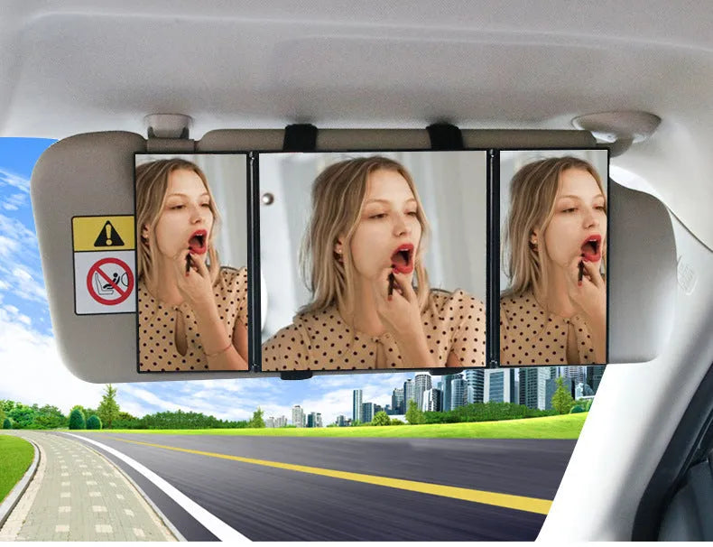 Silver folding car visor makeup mirror SD-2408 shown open and closed with ABS frame