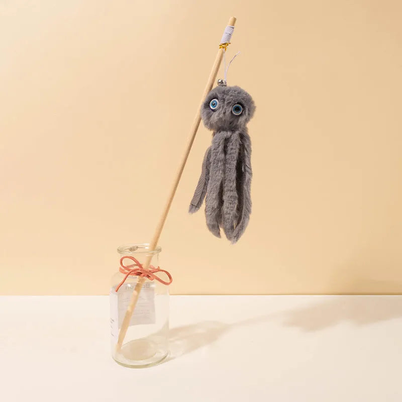 Octopus design cat toy with long stick wand for indoor kitten play in multiple colour options