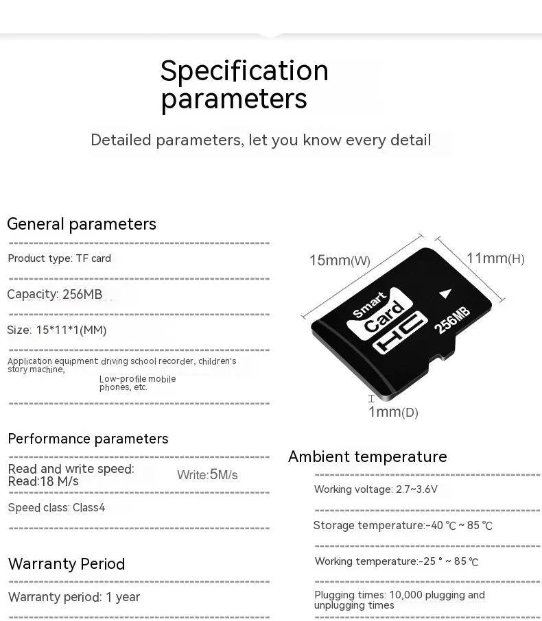 TF series 256MB memory card with 11x15mm dimensions for portable audio-visual devices