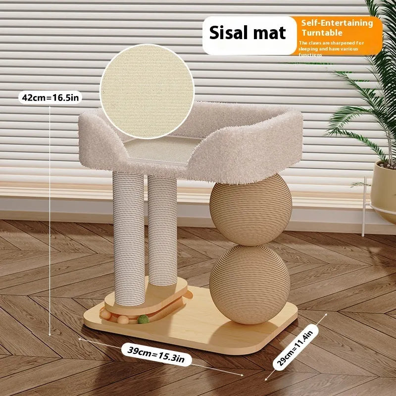 Pine wood cat nest with attached grasping balls in sisal and summer mat style options.