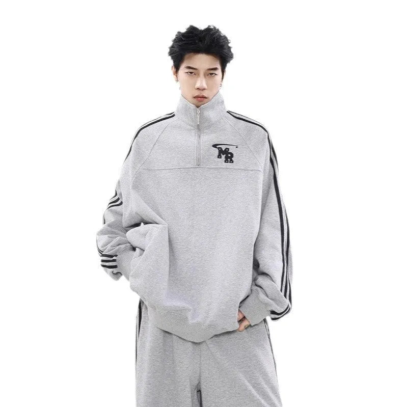 Black Hong Kong style retro sports hoodie with stand collar design and long sleeves