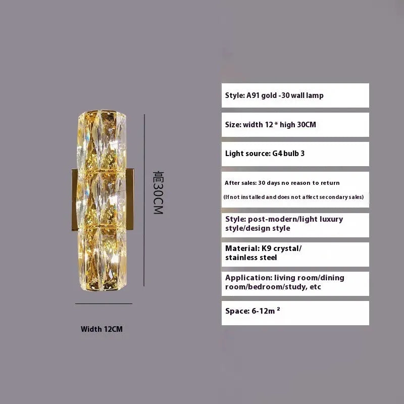 Crystal wall lamp with stainless steel frame in chrome or gold finish