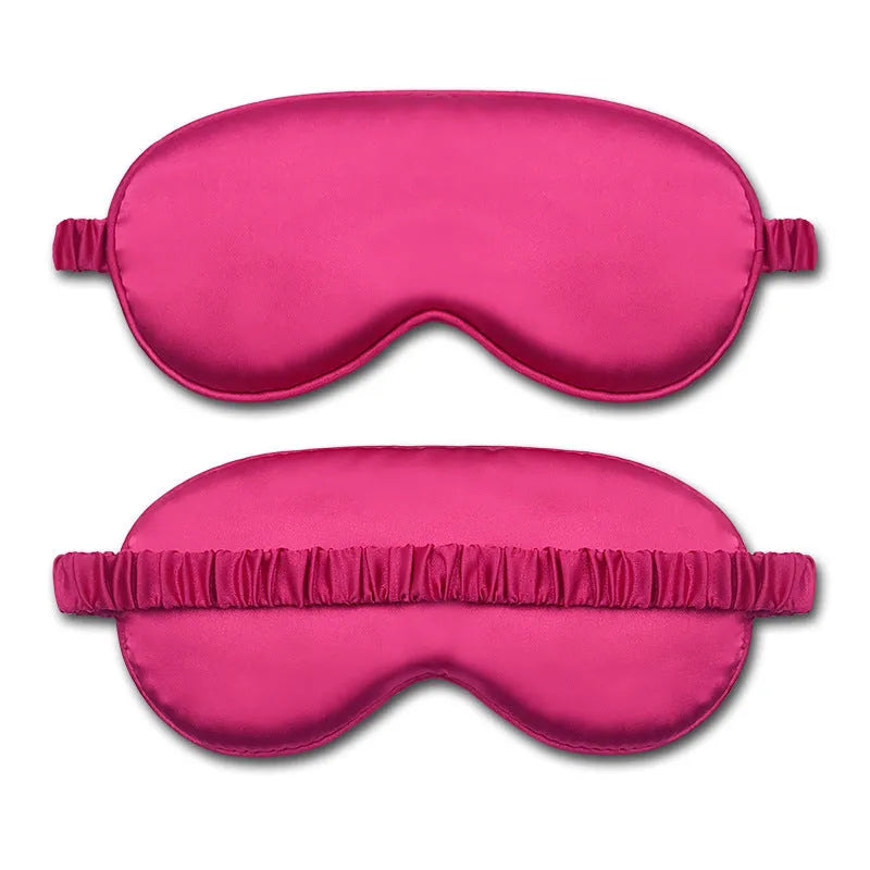 Double-sided Rayon elastic satin sleep mask shown in multiple colour options including sky blue, black, wine red, and light pink.