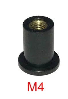 Black rubber expansion nuts with brass inserts for motorcycle windshield mounting in M4 M5 M6 sizes