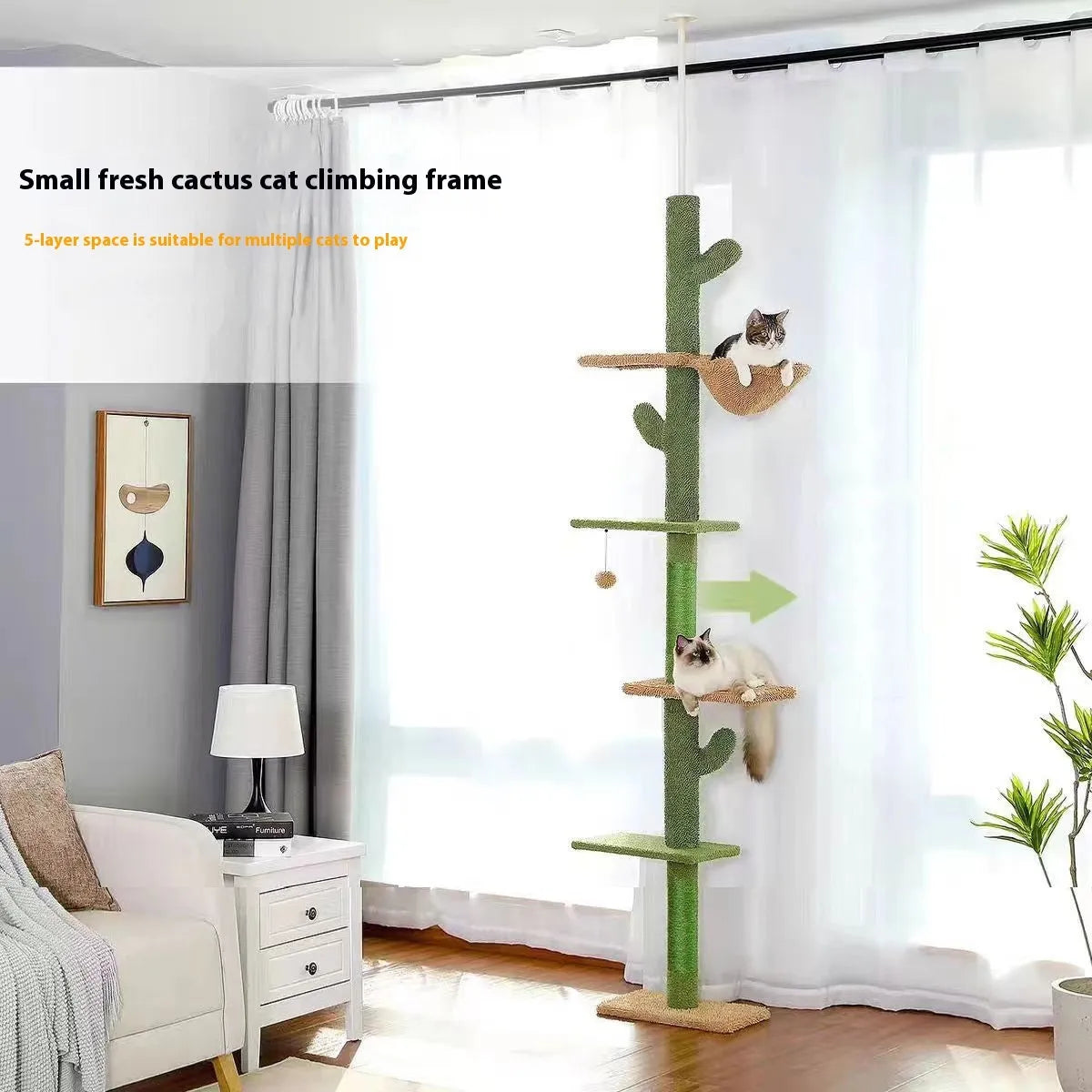 Tall, multi-level cat climbing frame with integrated scratch board and a cactus-shaped cat nest