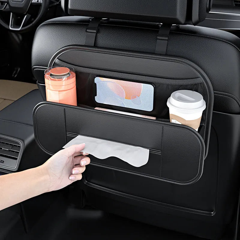 Black leather car seat back storage bag showing box design and dimensions.