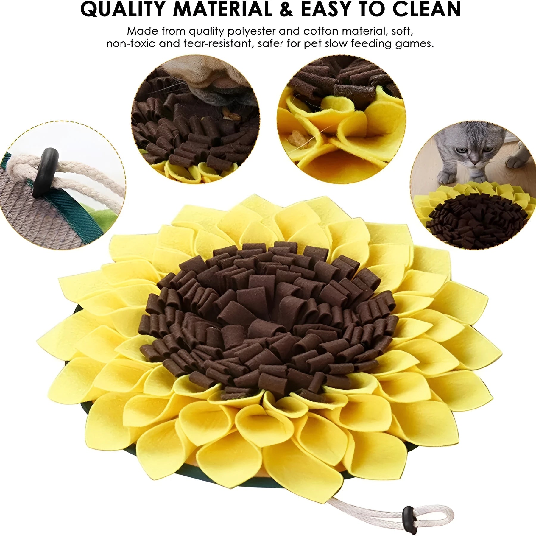 Yellow sunflower-shaped dog snuffle mat with fleece folds for hiding treats.