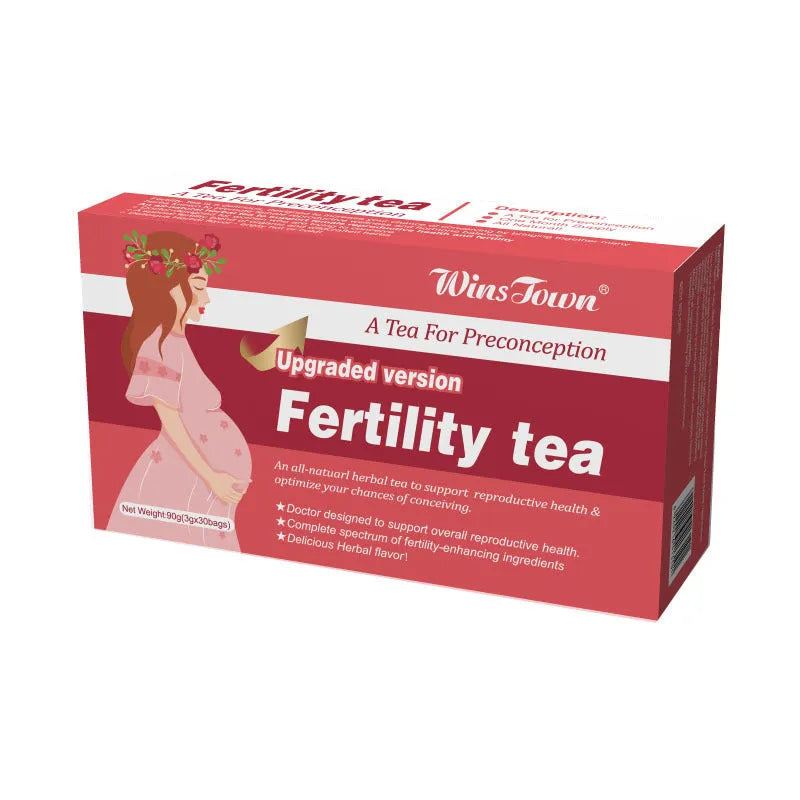 Box of fertility tea containing 90 individual tea bags for herbal reproductive support.