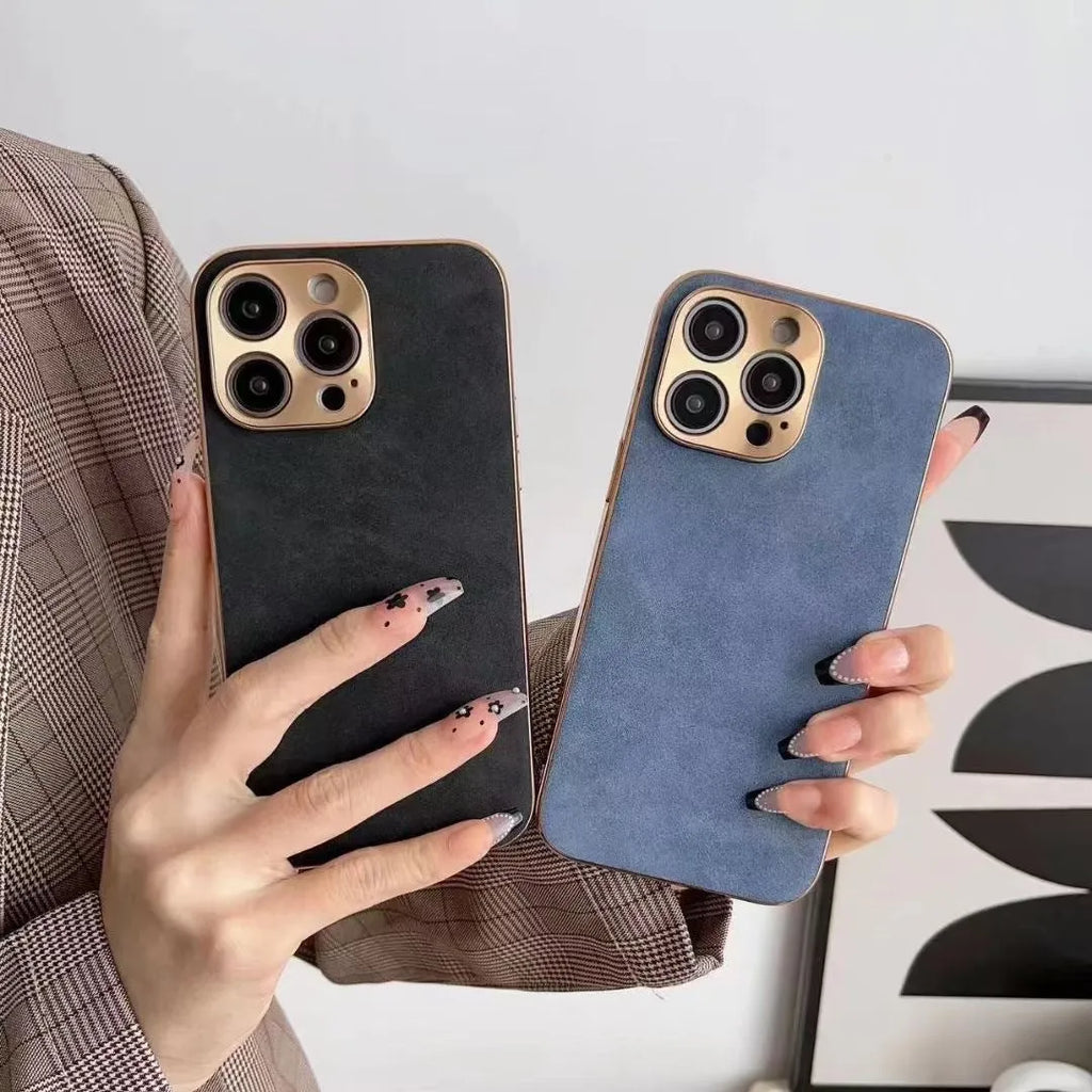 Leather texture phone case for iPhone shown in black, blue, grey, and grey-green colours.