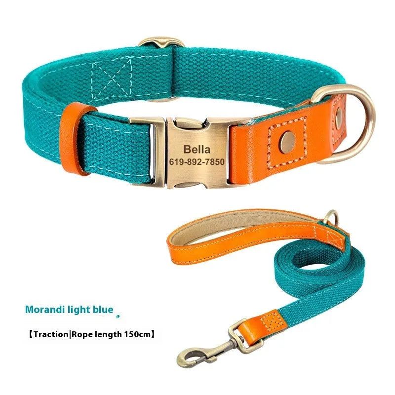 Small dog mohair neck collar and matching traction rope in one of six available colours with lettering detail