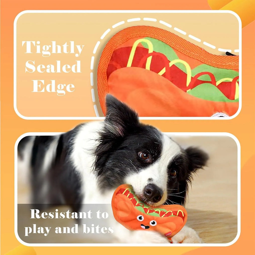 Crinkle and squeak dog toy in burger shape with no stuffing for puppies