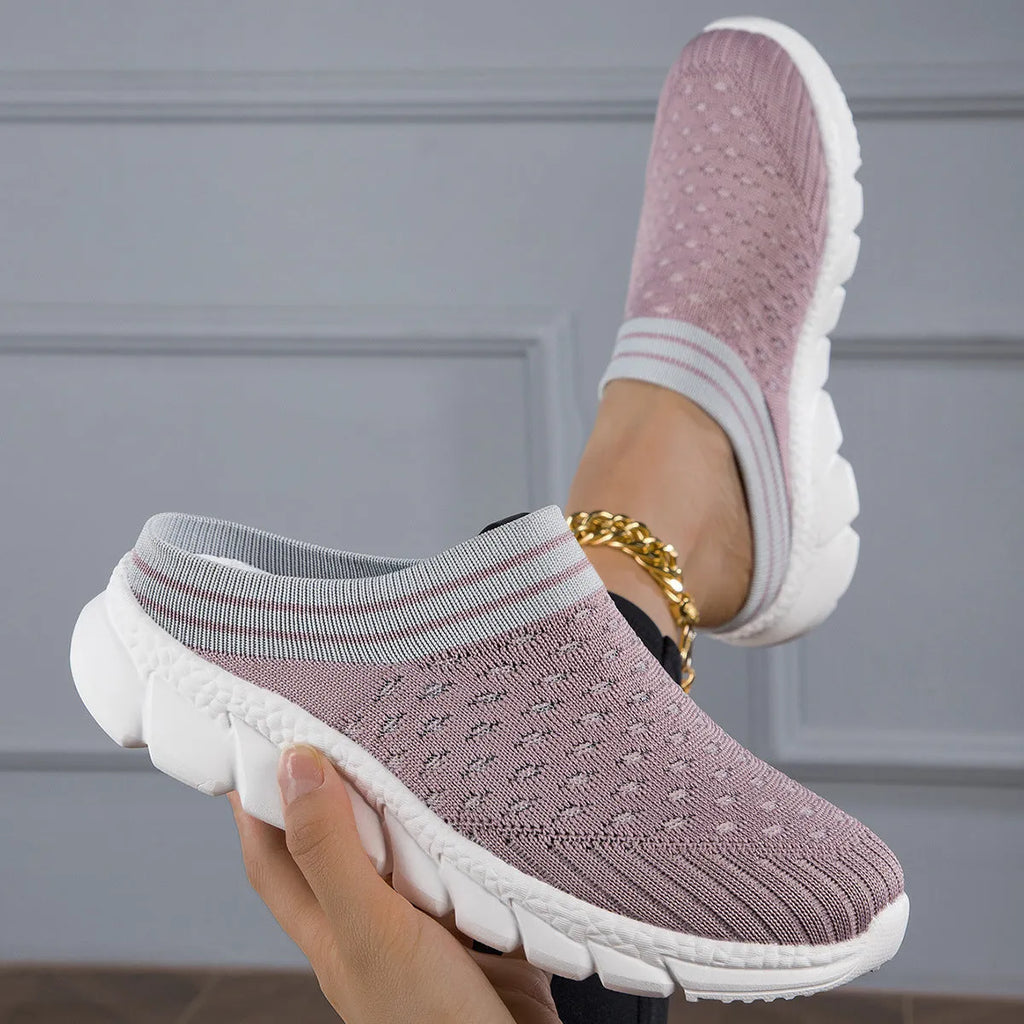 Women's striped flyknit socks semi slippers with hollowed-out design in black, pink and purple colours