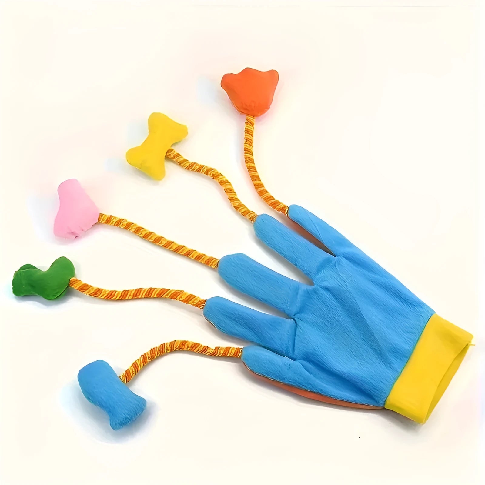 Yellow and blue plush glove cat toy with bell and detachable trailer measuring 40cm