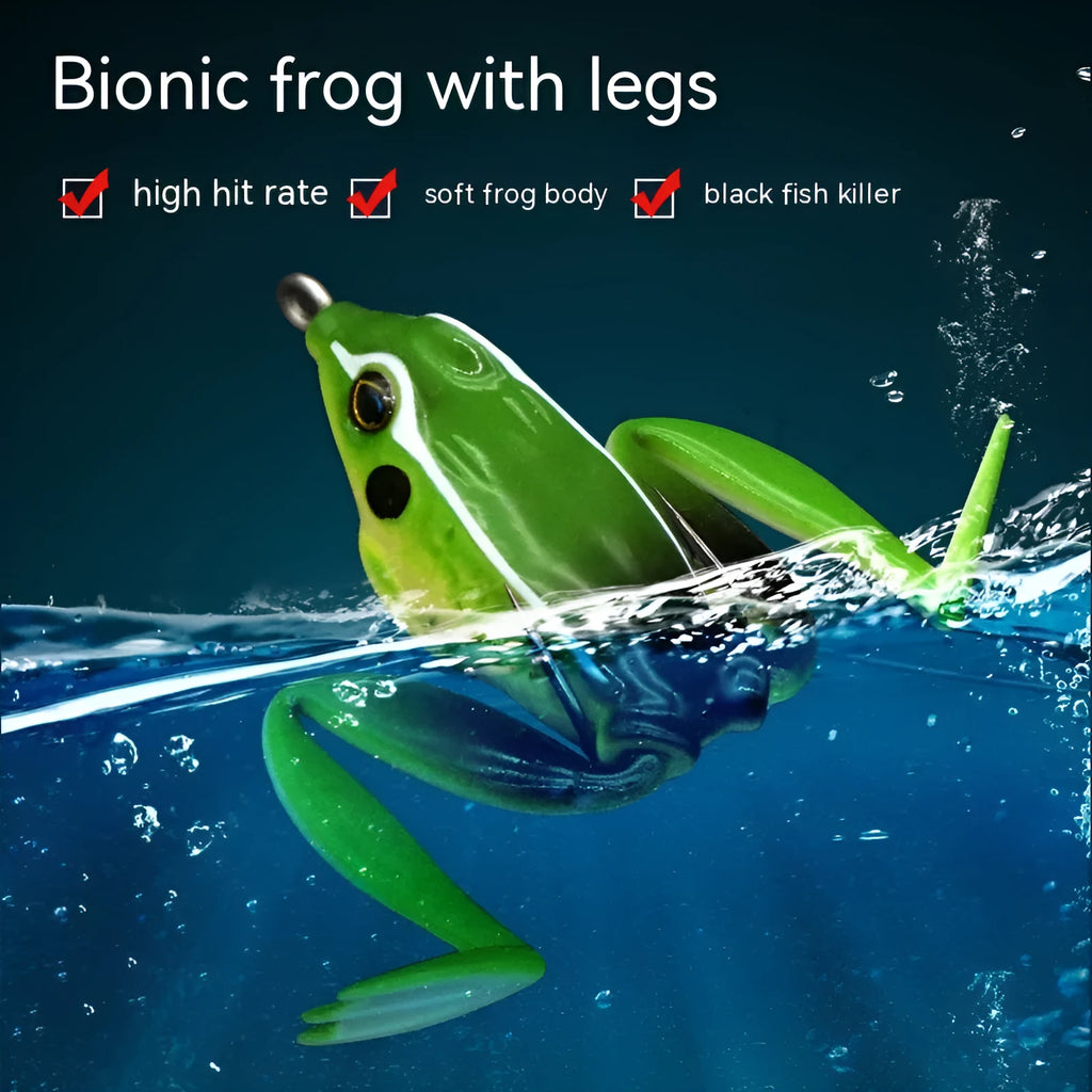 Bionic real thunder frog fake bait with double hook in grass green and black yellow dots colour options for black bass fishing