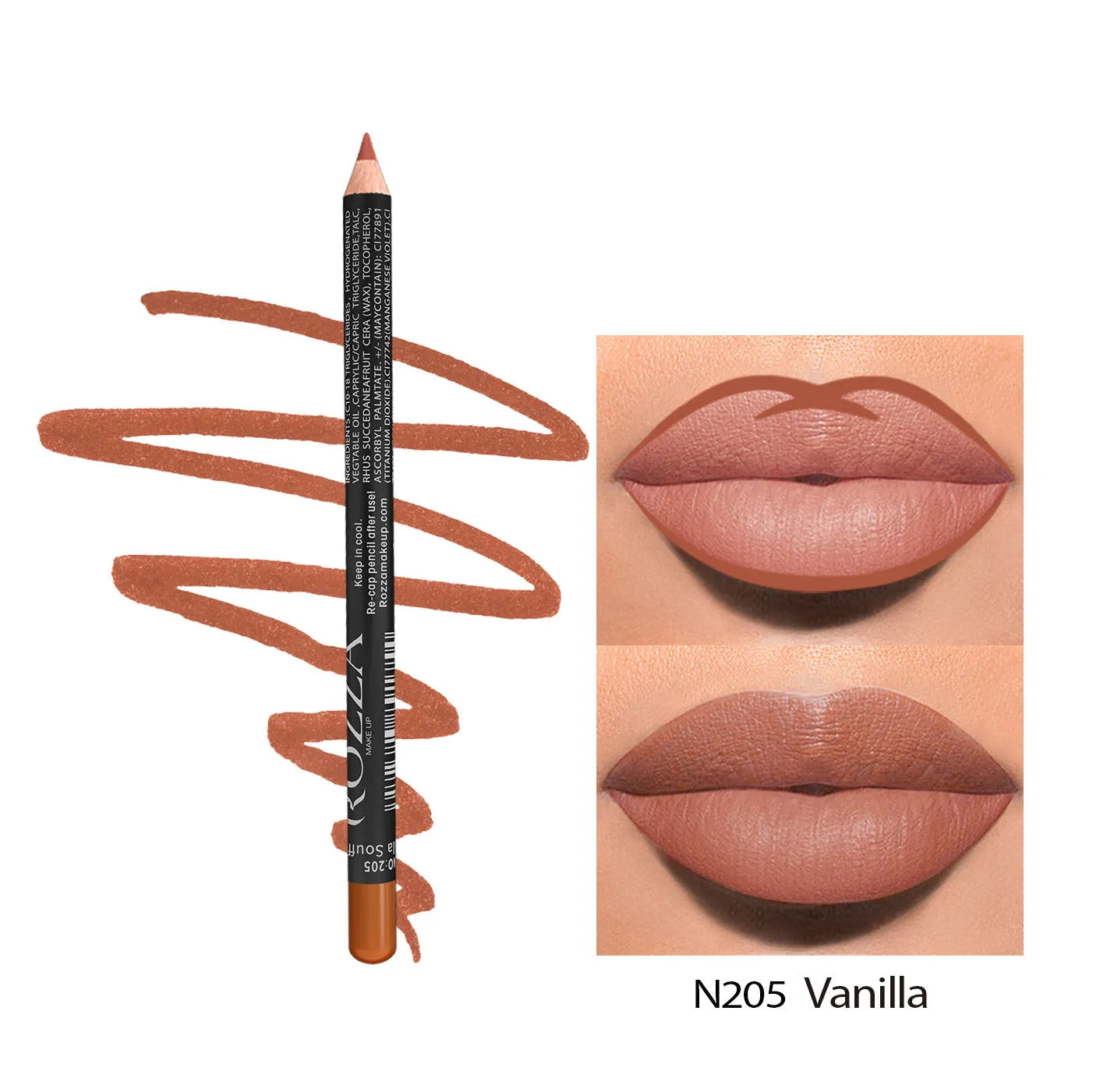 24-hour matte finish lip liner pencil in a range of wood tone shades on a white background.