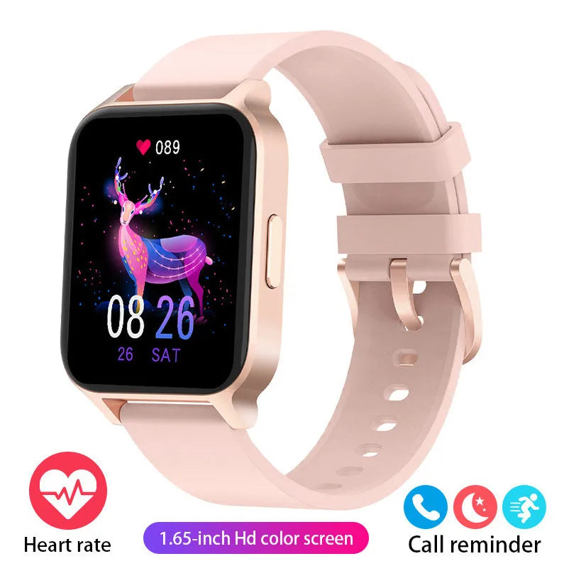 Smart colour screen health watch with mesh belt in black or rose gold showing heart rate monitor