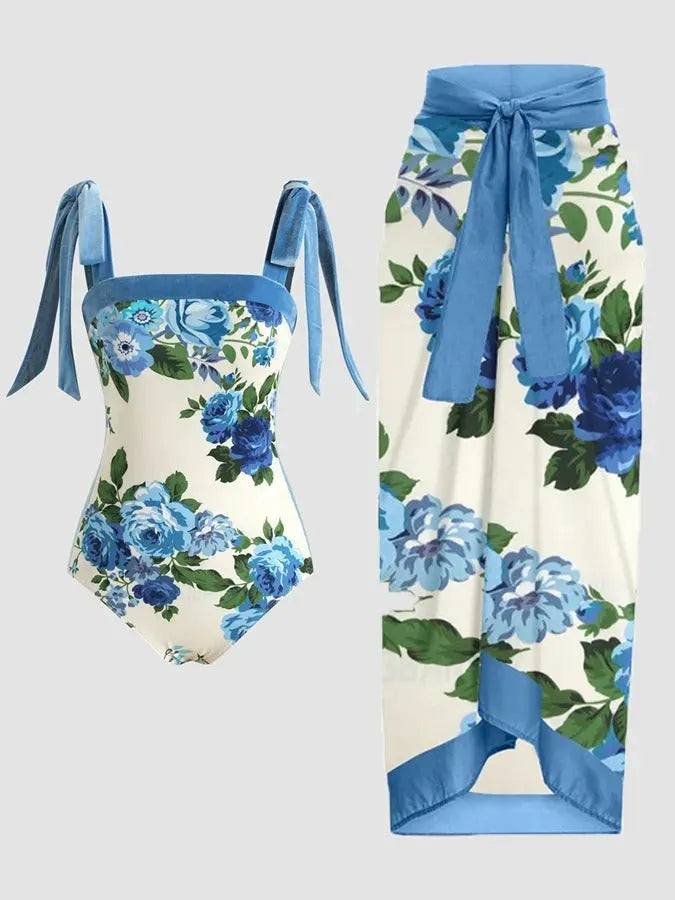Women's printed floral swimsuit set with chiffon cover-up skirt