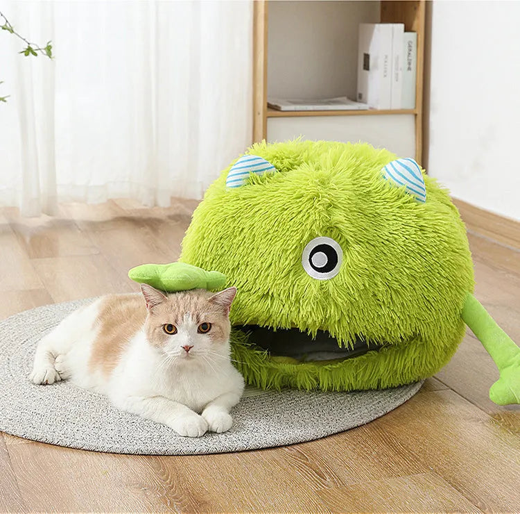 Fluffy round cat bed with plush cushion in three size options for indoor cats