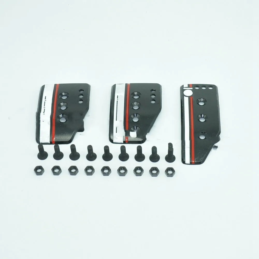 Aluminium alloy manual transmission pedal set showing clutch, brake, and accelerator pedals with anti-slip pattern