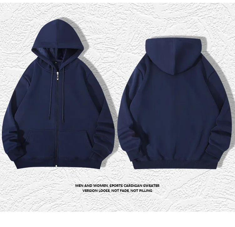 Men's plus size 420g hooded zip-up sweater in loose cardigan style with top-stitched pockets