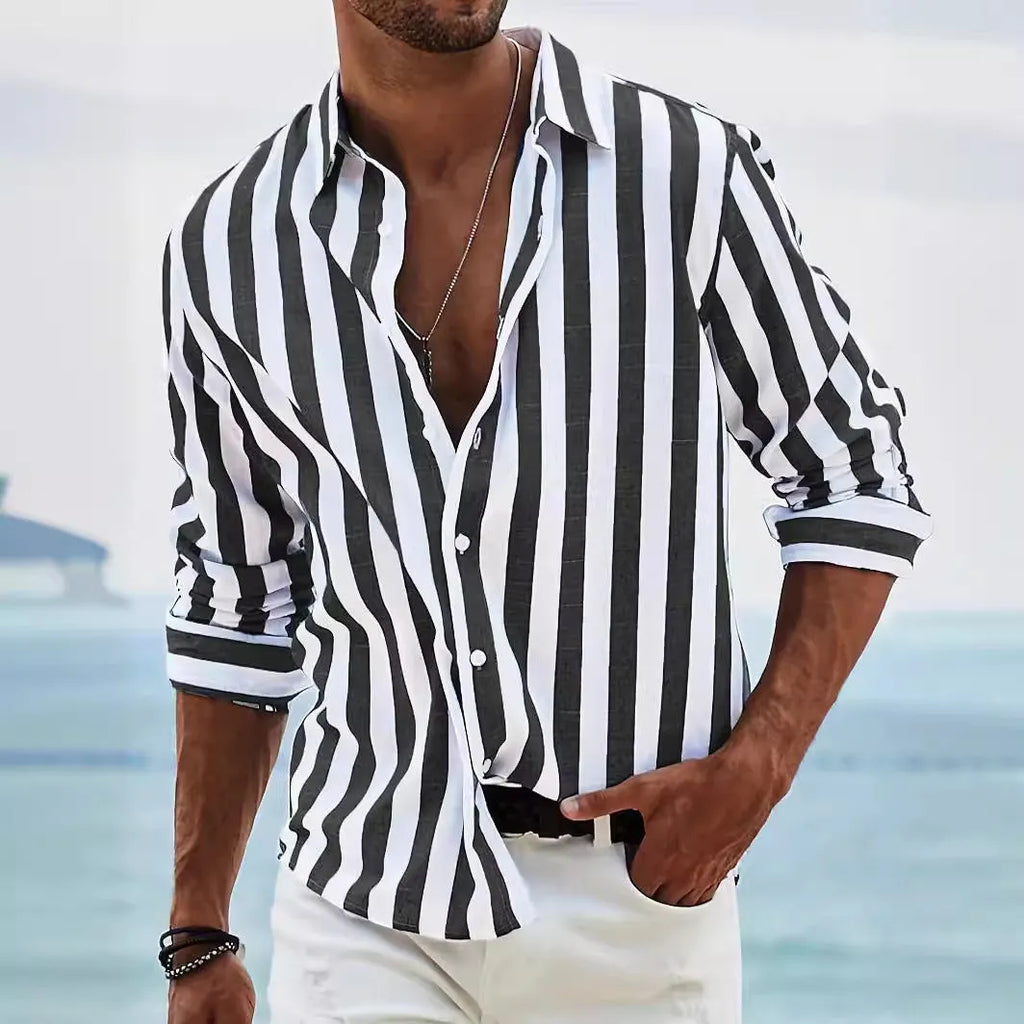Men's loose striped long-sleeved cardigan shirt in British style on a hanger