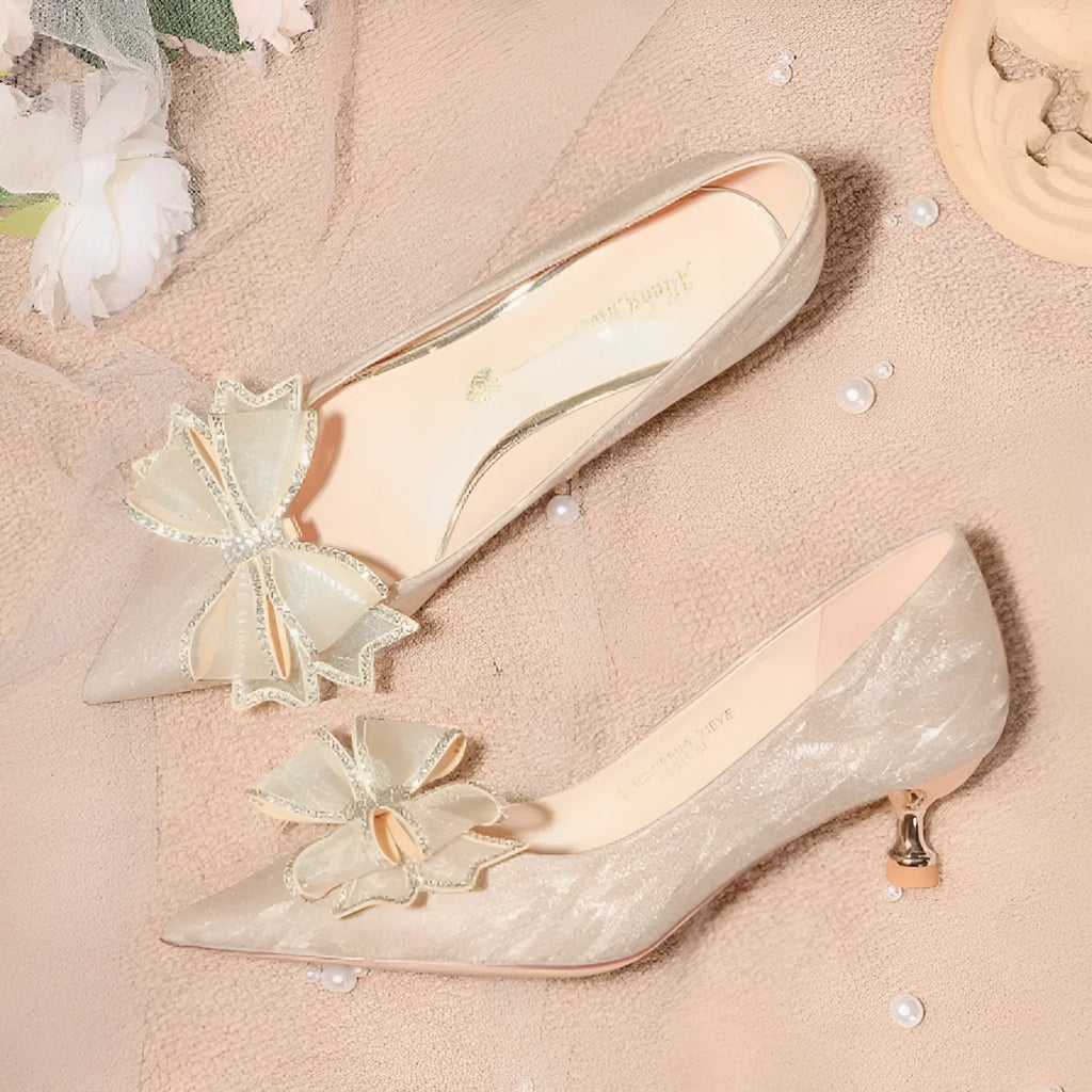 Women's champagne sequin stiletto heel pumps with pointed toe for wedding events