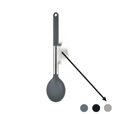 Silicone kitchen utensil set with 12 pieces including spatula, turner, ladel, and food clip in rotating storage bucket