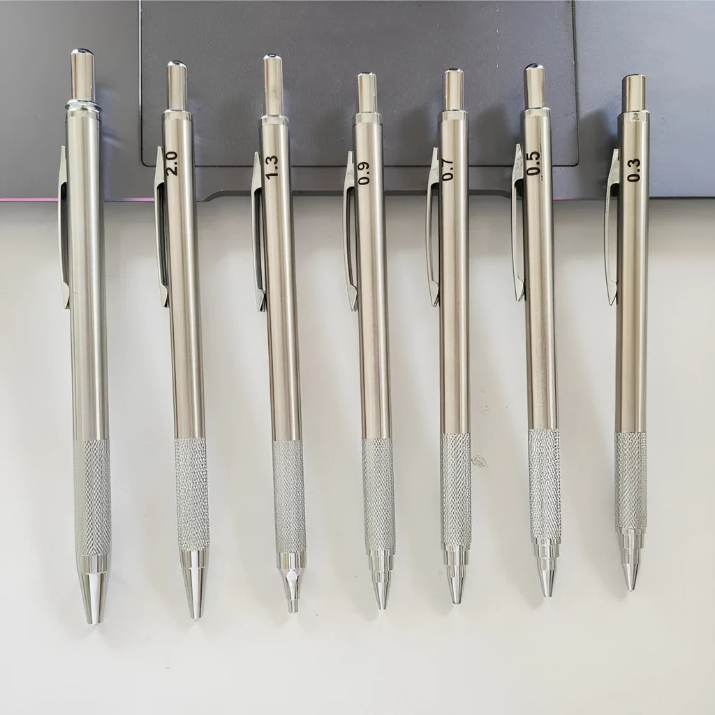 Metal mechanical pencil with automatic feed mechanism and choice of five lead sizes