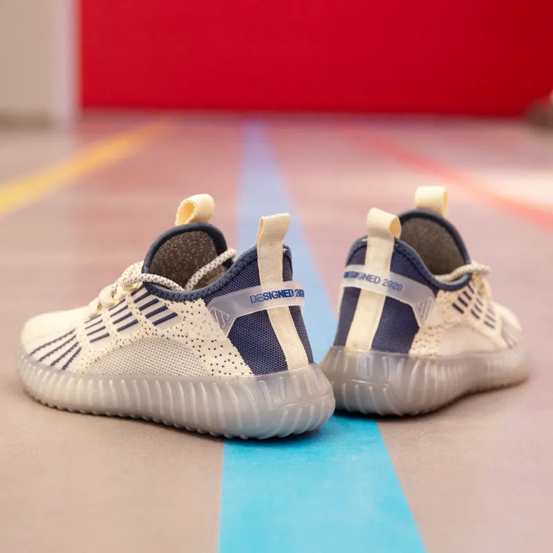 Men's white breathable flying fabric sports shoes with round toe and flat heel on a model.