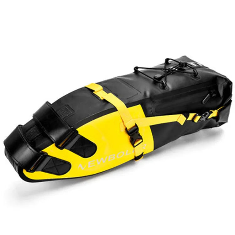 Waterproof PVC bicycle tail bag with 13L capacity mounted on bike rear