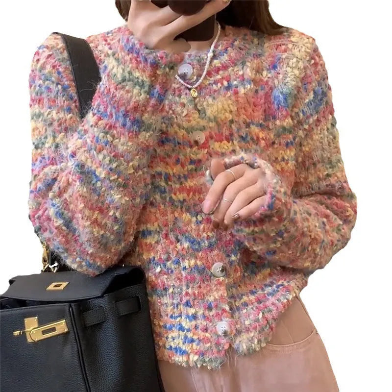 Retro style knitted rainbow cardigan in acrylic fibre with toothbrush hair texture, available in green or pink colours